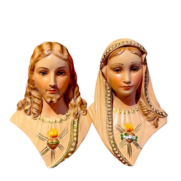 other Other - Vintage Chalkware "Sacred Heart of Mary and Jesus" Michigan Composition Lamp Co.